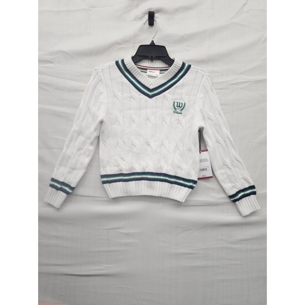 Wilson Boys V-Neck Cable Knit Pullover Sweater White Cotton Blend Size Medium 8